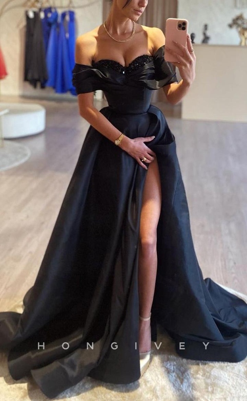 Attractive Satin A-Line Off-Shoulder Beaded Ruched Side Slit Train Prom