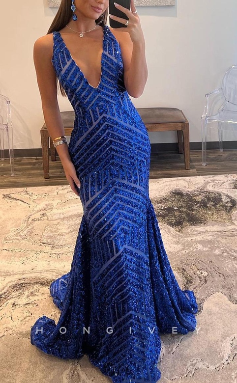 Sexy Trumpet Glitter V-Neck Sleeveless With Train Party Prom Gown