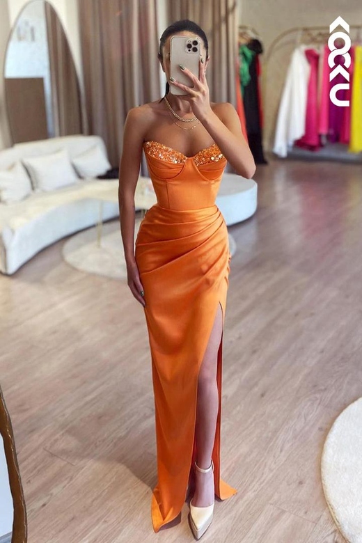 Modern Off-Shoulder Sleeveless Sheath Ruched Side Slit Prom Dress