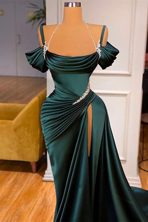 Dark Green Off-the-Shoulder Mermaid Prom Gown with Side Slit