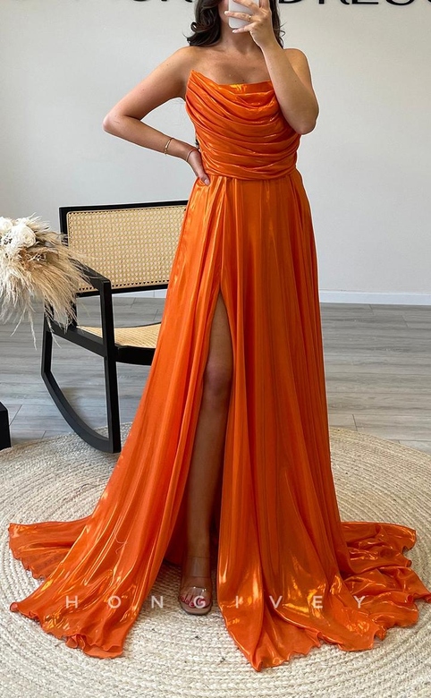 Glamorous Satin Glitter A-Line Bateau Strapless Ruched Side Slit Party Gown