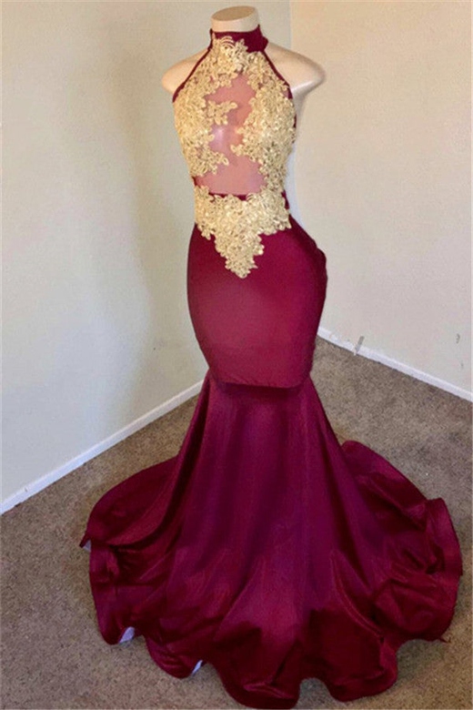 Burgundy High Neck Lace Appliques Mermaid Prom Dress