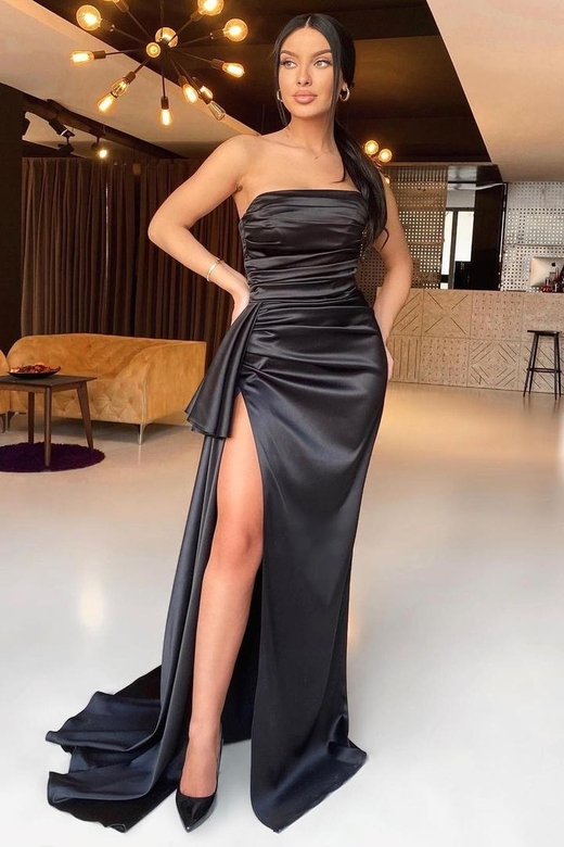 Black Strapless High Split Long Mermaid Low Back Pleats Prom Dress