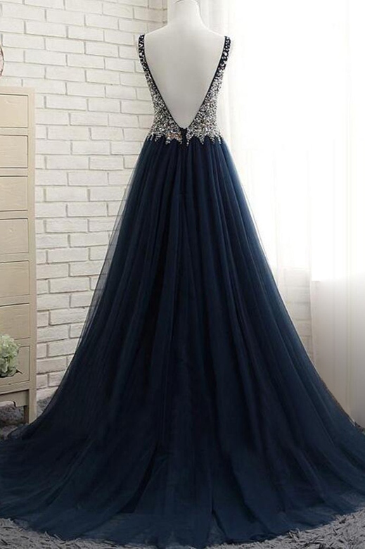 Affordable Dark Navy Tulle V-Neck Ruffle Beadings Party Dresses On Sale