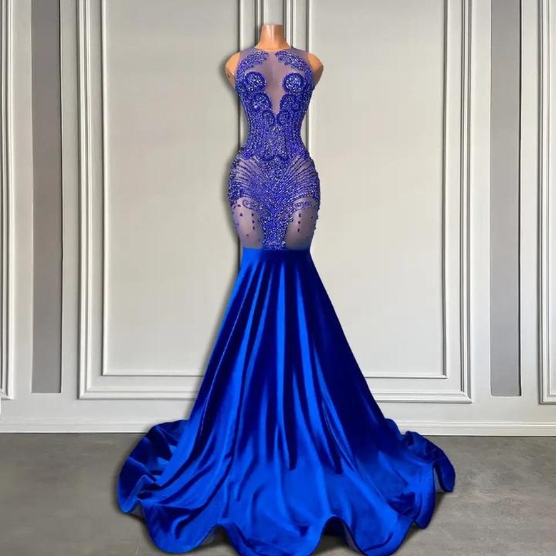 Sleeveless Royal Blue Scoop Neck Beaded Mermaid Prom Dress