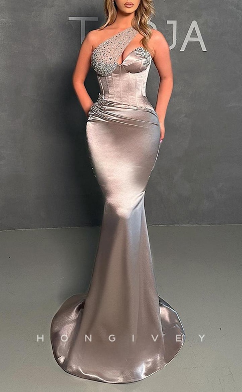 Elegant Luxurious Satin One Shoulder Rhinestone Party Prom Evening Dress