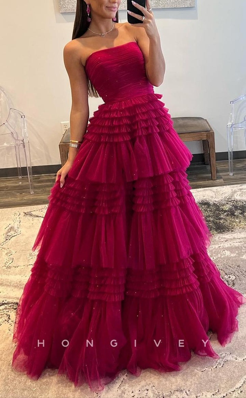 Sexy A-Line Tulle Square Strapless Sleeveless Empire Side Slit Gown