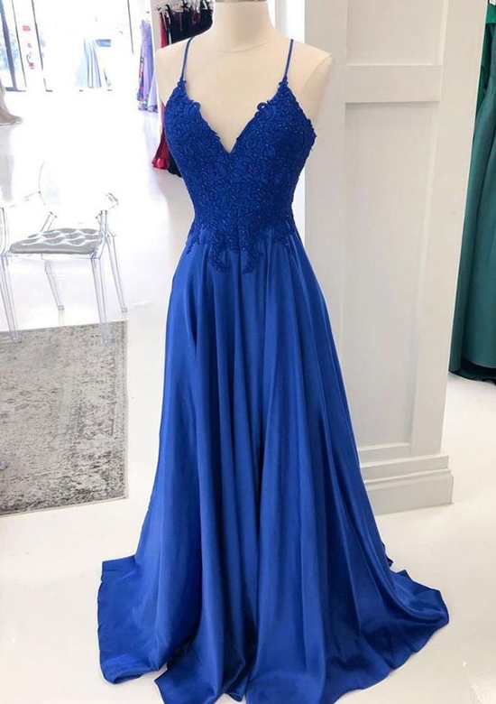 A-Line V-Neck Sleeveless Charmeuse Prom Dress with Appliqued Beading and Lace