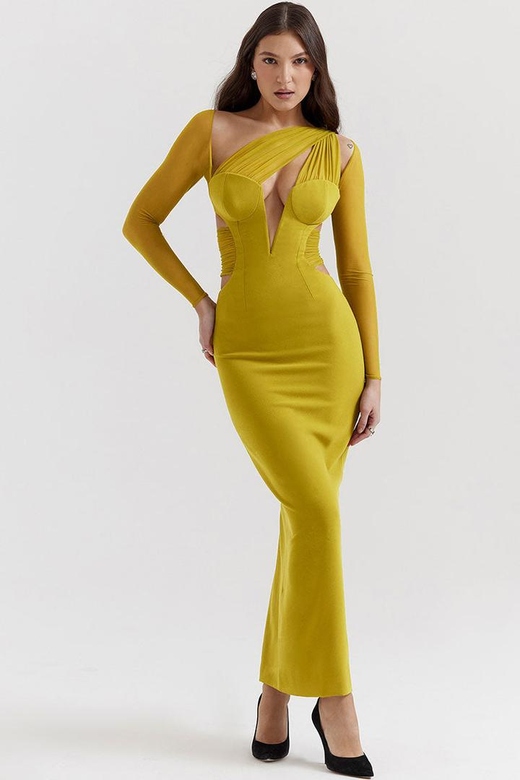 Yellow Sexy Sheer Ruched One Shoulder Cutout Bodycon Maxi