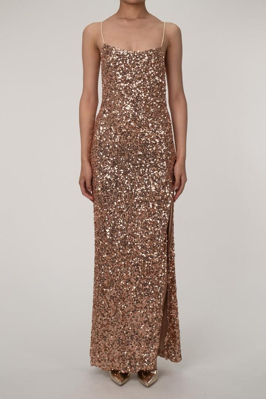 Sparkly Bronze Gold Spaghetti Strap High Slit