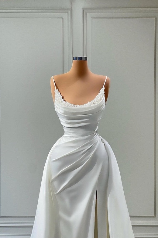 Spaghetti-Straps White Long Slit Beads Mermaid Prom Dress