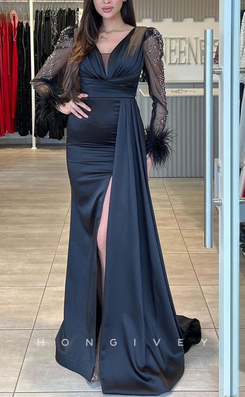 Glamorous Satin Fitted V-Neck Lace Feathers Long Sleeve Side Slit Prom