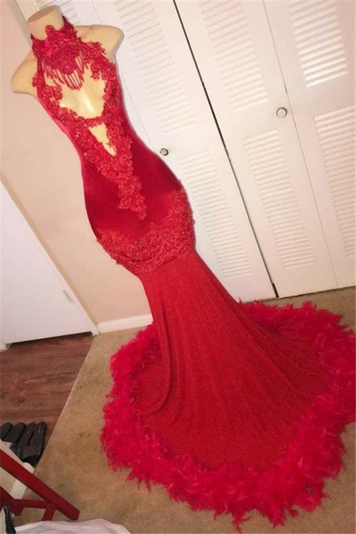 High Neck Red Appliques Feather Mermaid Prom Dress