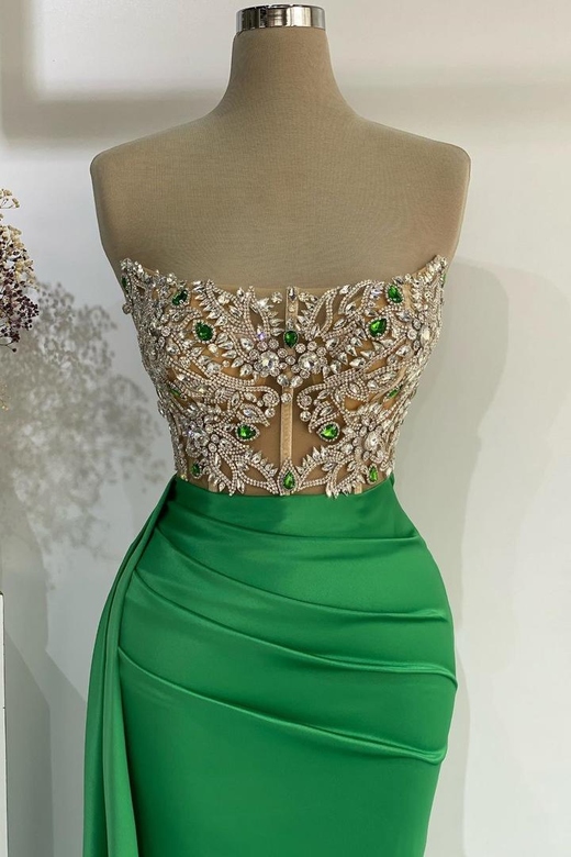 Emerald Green Strapless Beaded Long Mermaid Dress