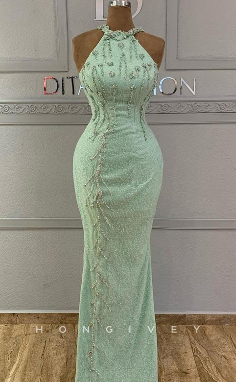 Sexy Glitter High Neck Sleeveless Satin Fitted Beaded Gown