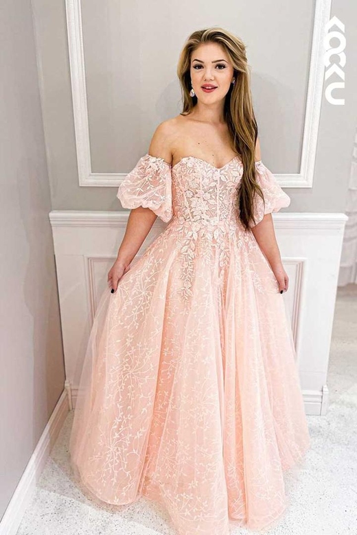 Sweetheart Lace Appliqued A-Line Puff Sleeves Long Prom Dress