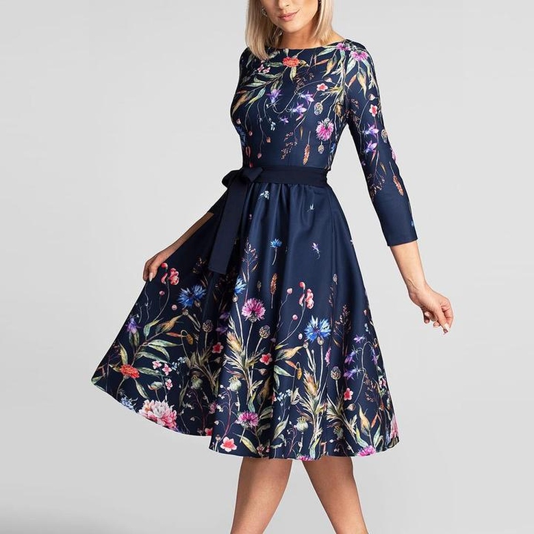 Printed Seven-Part Sleeve Lace-Up Elegant Dress for Detail