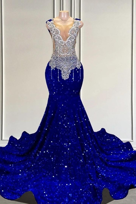 Gorgeous Royal Blue Sequined Silver Beaded Mermaid V-Neck