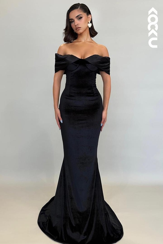 Simple & Elegant Off-Shoulder Cap Sleeves Trumpet Formal Prom Dress