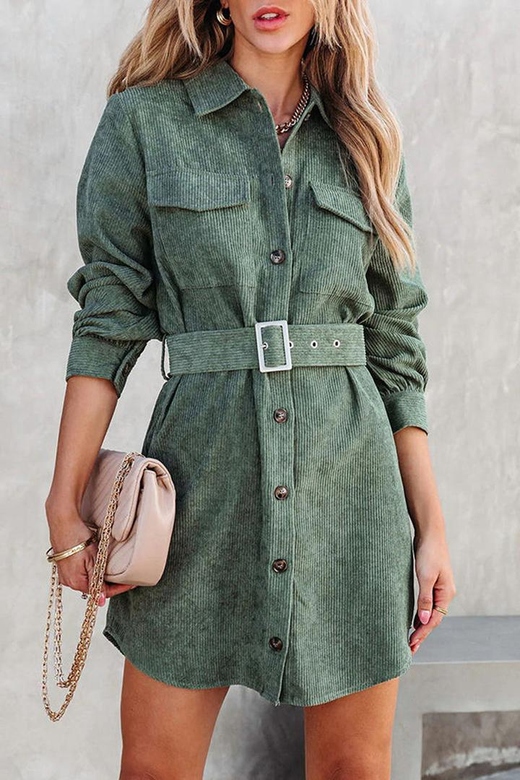 Corduroy Belted Button Down Shirt Dress for Women