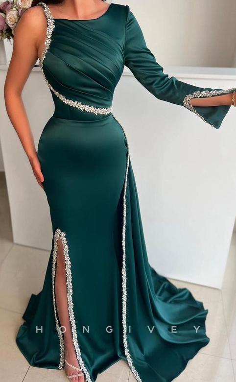 Sexy Fitted Satin Asymmetrical Gown Scoop Beaded Party Prom Dress