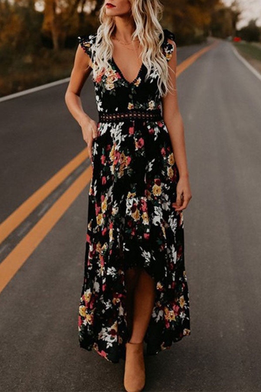 Backless Floral Print High Low Dress for Romantic Elegance