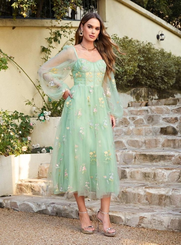 Glamorous A-Line Long Sleeves Floral Ankle Length Prom Dress