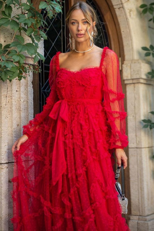 Red Fairytale Sweetheart Belted Dotted Tulle Layered Ruffle