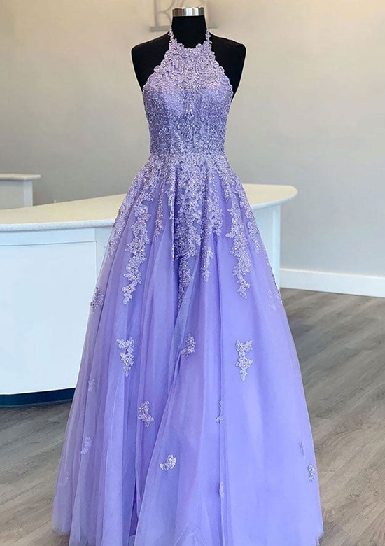 Princess Halter Laced Tulle Prom Dress with Appliqued Beading