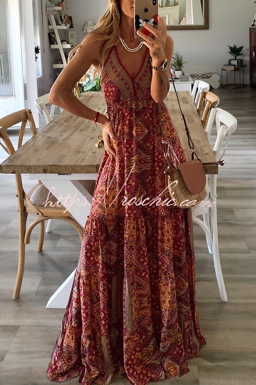 Celeste Boho Print Strap Elastic Waist Maxi Dresses for Comfort