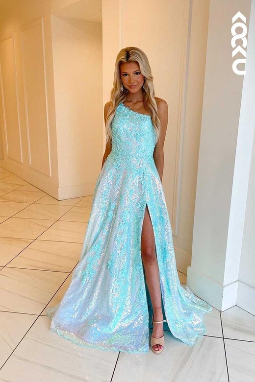 One Shoulder Sequined Beaded Appliqued Slit Long Prom Dress