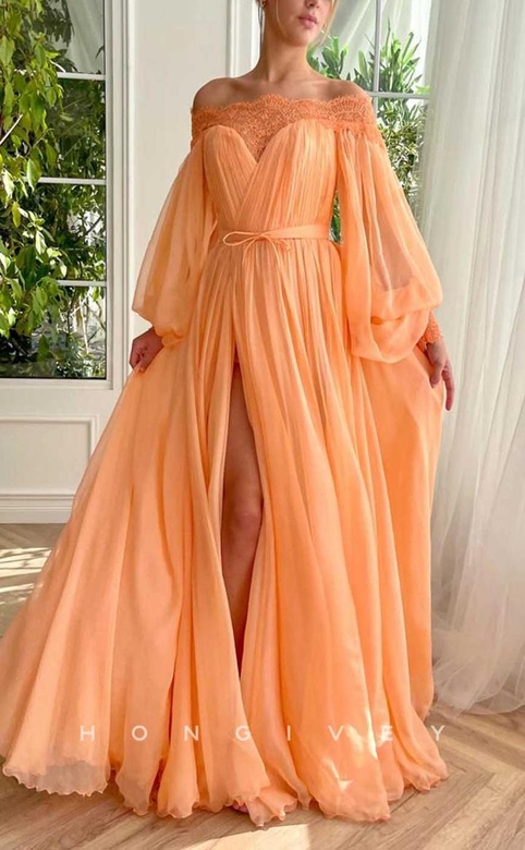 Tulle A-Line Off-Shoulder Long Sleeve Belted Side Slit Gown