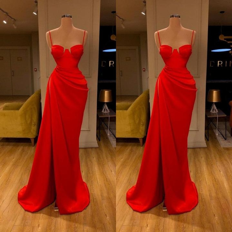 Gorgeous Spaghetti Strap Round Cup High-Split Red Prom Dress