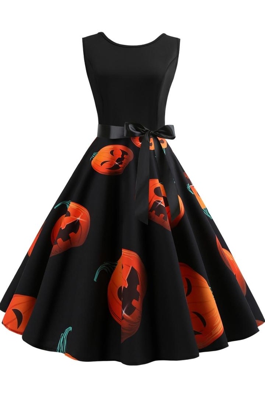 Halloween Sleeveless Pumpkin Print Panel Dress for Festive Fun