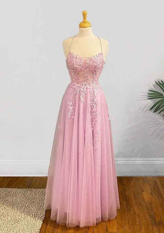 A-Line Square Neckline Spaghetti Straps Floor-Length Tulle Appliqued Sequins Prom Dress