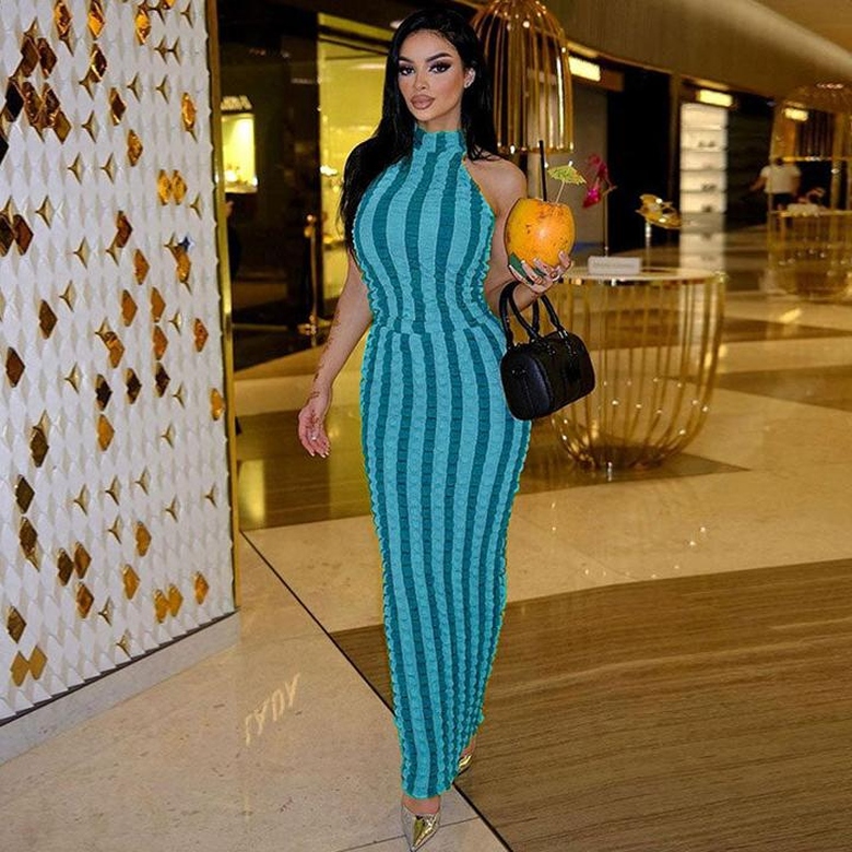 Sexy Popcorn Striped High Neck Sleeveless Bodycon Maxi Dress in Blue