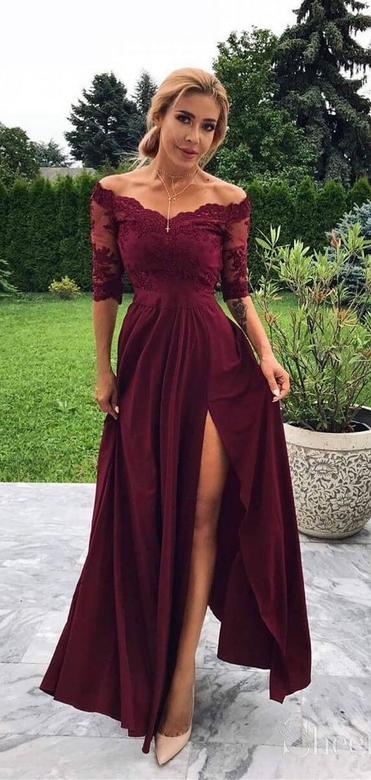 Burgundy Half Sleeves Lace Slit Long Prom Dress