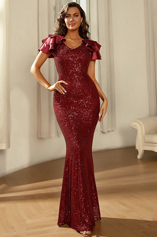 Burgundy Sequin Cap Sleeve Mermaid Formal Dress for Sparkle