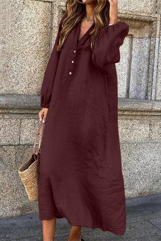 Solid Buttons V-Neck Long Sleeve Dresses