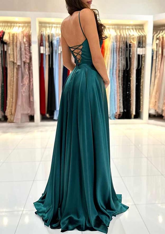 Chic A-Line Square Neckline Spaghetti Straps Charmeuse Split Prom Dress