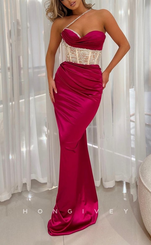 Elegant Satin Fitted One Shoulder Illusion Beaded Ruched Prom Gown