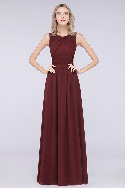 Modest Round-Neck Sleeveless Burgundy Ruffles Bridesmaid Dresses