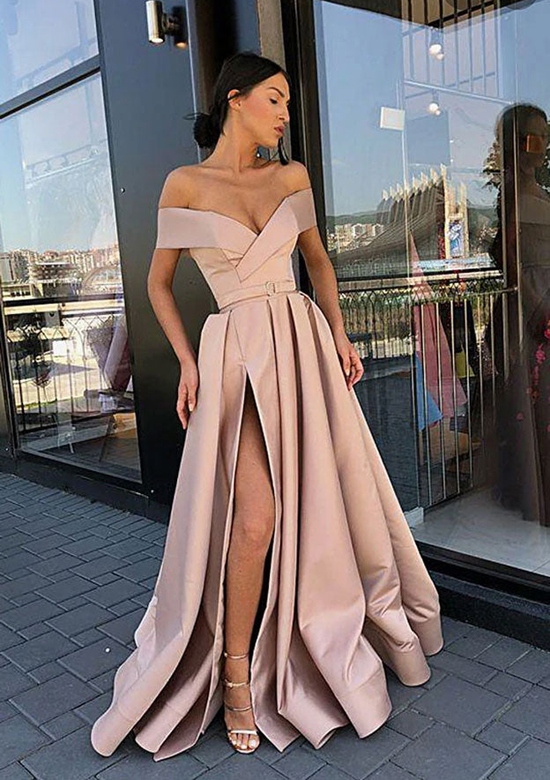 A-Line Off-the-Shoulder Satin Bandage Floor-Length Prom Dress