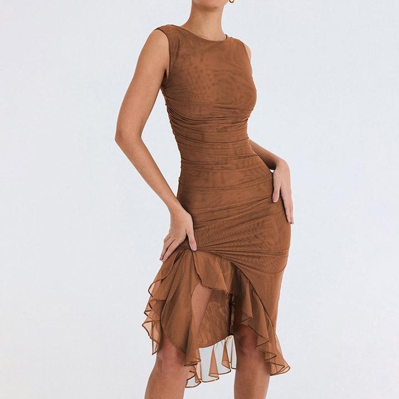 Sexy Mesh Ruched Crew Neck Sleeveless Bodycon Ruffle Cocktail Midi Dress in Brown