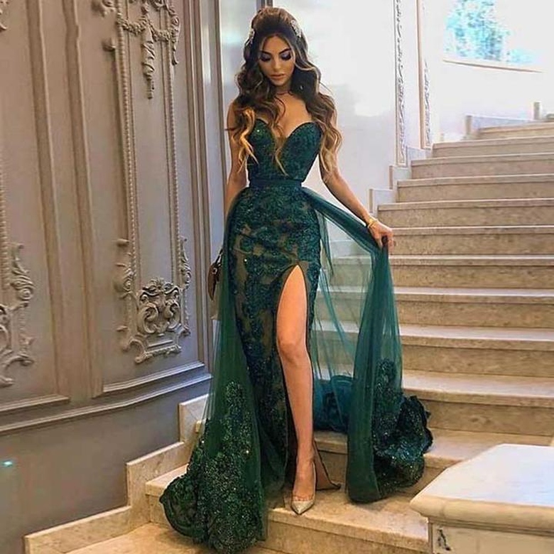 Dark Green Tulle Skirt Mermaid Prom Dress with Appliques and Split