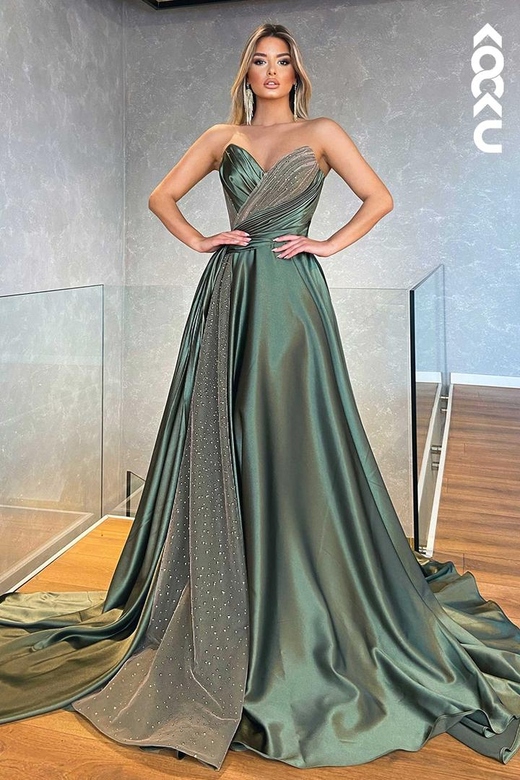 Couture & Ornate V-Neck Sleeveless A-Line Ruched Sequins Prom Dress