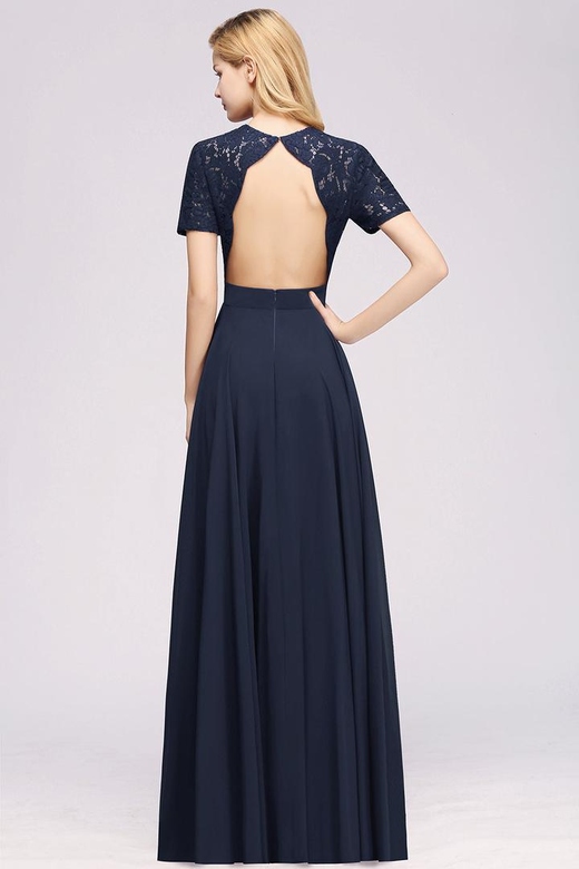 Dark Navy Open-Back Short-Sleeve Long Bridesmaid Dresses