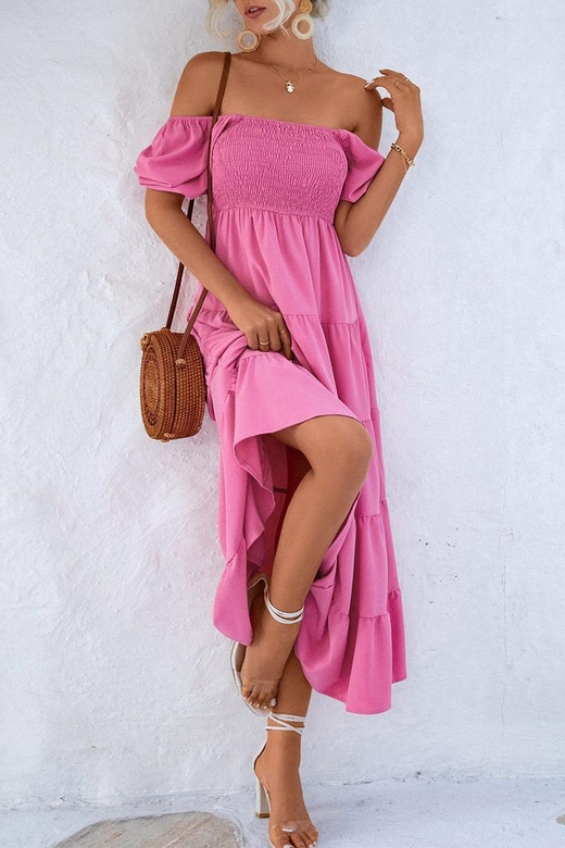 Smocked Off Shoulder Bubble Sleeve Slit Dress for Fun