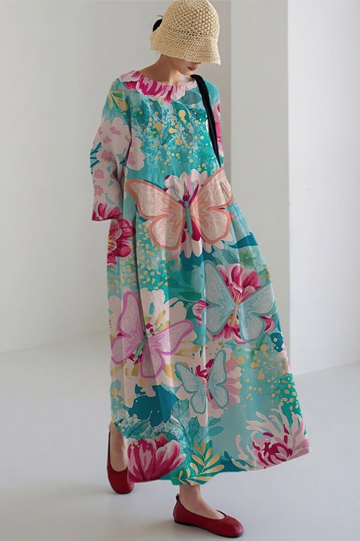 Summer Butterfly Patterned Maxi Dress for Delicate Look