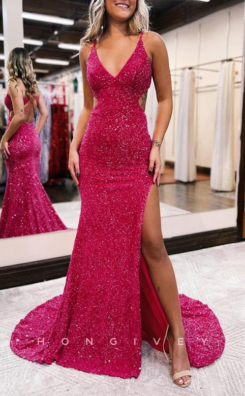 Sexy Fitted Glitter V-Neck Spaghetti Straps Side Slit Train Party Gown